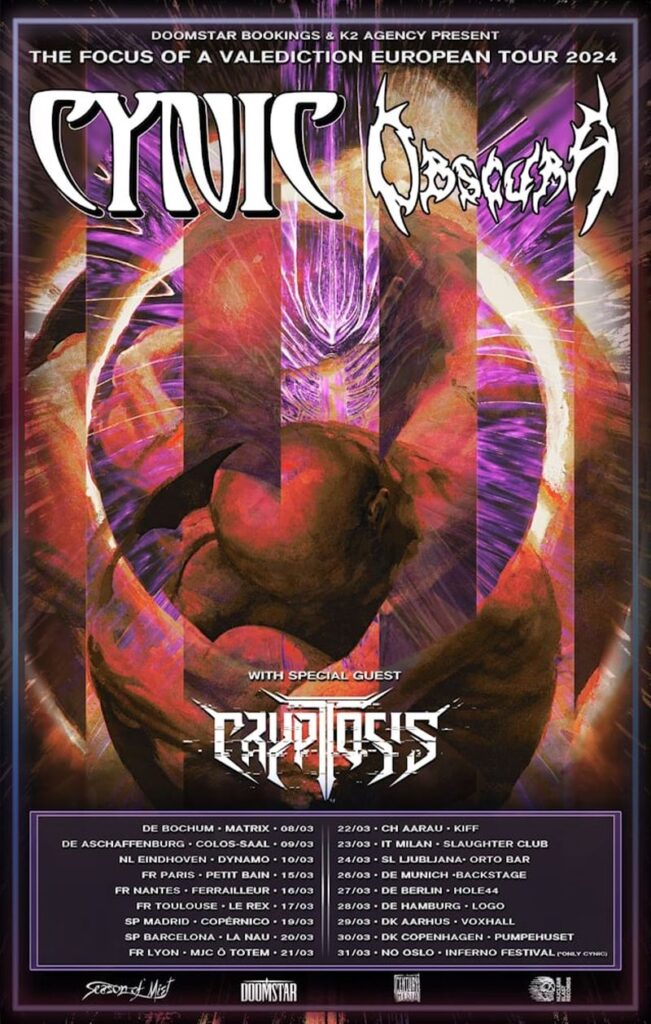 CYNIC announces March 2024 European tour with OBSCURA and CRYPTOSIS